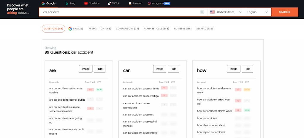 Answer the Public showing question-based keyword data for car accident legal queries