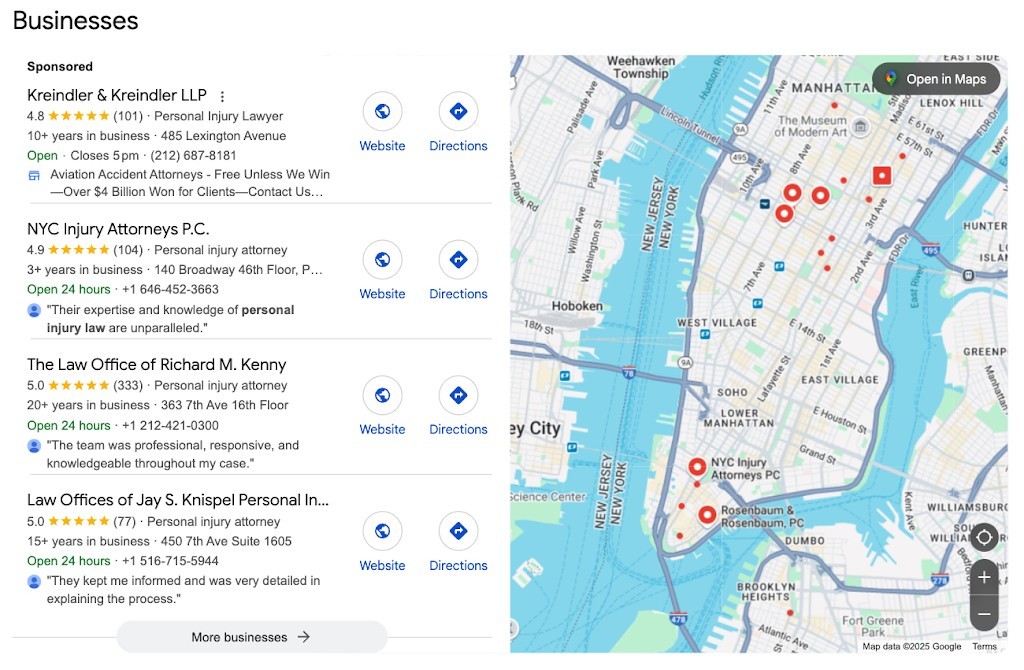 Google Map Pack showing top three law firms for local attorney search