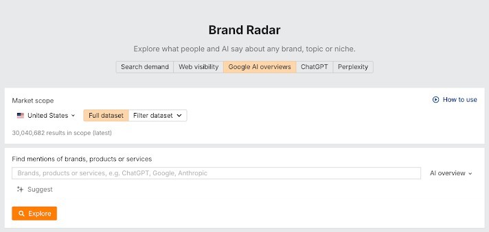 Ahrefs Brand Radar showing AI search visibility for law firms