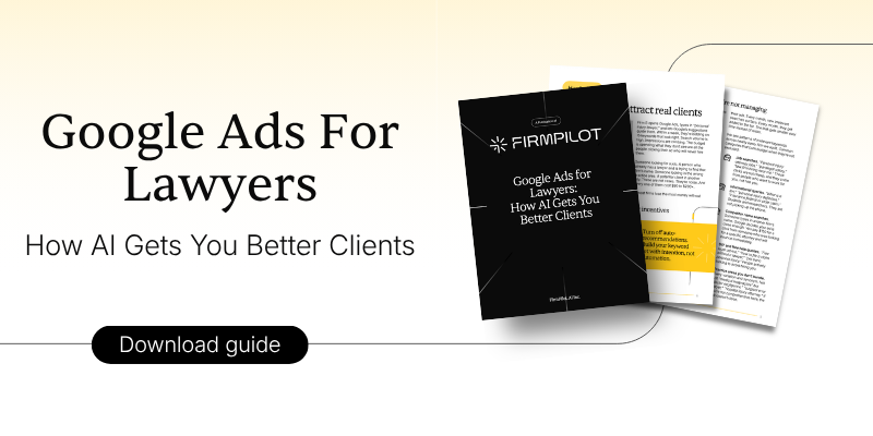 A picture of a guide with text to the left saying "Google Ads For Lawyers"